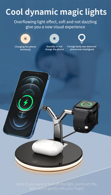 3 in 1 Magnetic wireless charger with Light for iPhone 12/pro/mini/promax, AirPods and Apple Watch 3 in 1 Magnetic wireless charger with Light for iPhone 12/pro/mini/promax, AirPods and Apple Watch