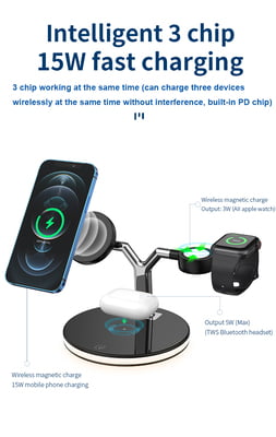 3 in 1 Magnetic wireless charger with Light for iPhone 12/pro/mini/promax, AirPods and Apple Watch