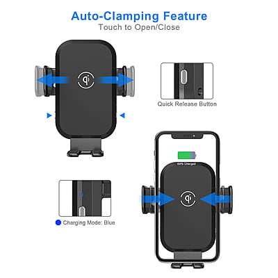 Wireless car charger for qi compatible mobiles with buttons to open and close with adjustable base
