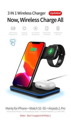 3 in 1 Premium wireless charging stand with LED Light for iPhone, AirPods and Apple Watch