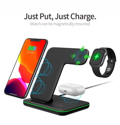 3 in 1 Premium wireless charging stand with LED Light for iPhone, AirPods and Apple Watch 3 in 1 Premium wireless charging stand with LED Light for iPhone, AirPods and Apple Watch